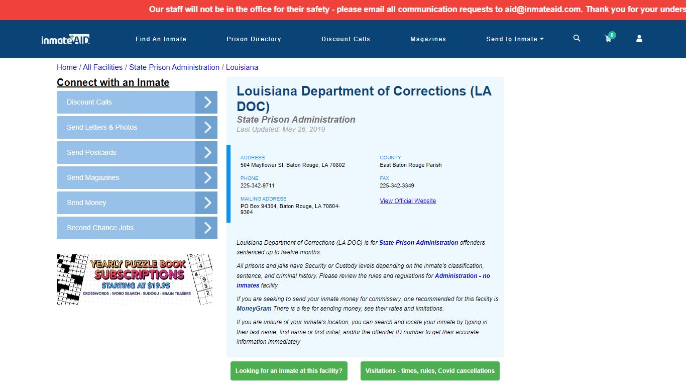 Louisiana Department of Corrections (LA DOC) & Inmate ...